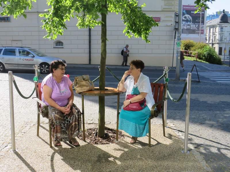 Svěží letní ráno a rozhovor na lavičce Václava Havla před knihovnou