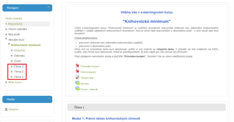 Úvodní stránka e-learningového kurzu; v levé svislé liště se zobrazují témata (moduly), které jsou v danou dobu pro účastníky přístupné