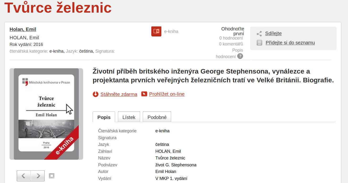 Holanův Tvůrce železnic v e-knihovně Městské knihovny v Praze (zdroj: katalog knihovny)