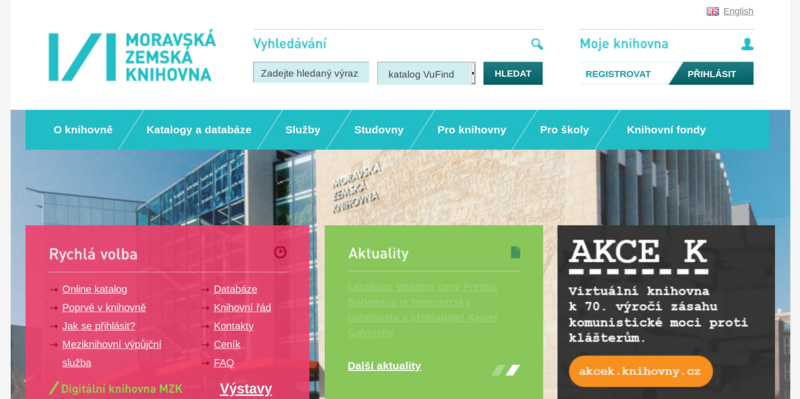 Hlavní stránka webu Moravské zemské knihovny (zdroj: https://www.mzk.cz/, získáno 30. 12. 2020)