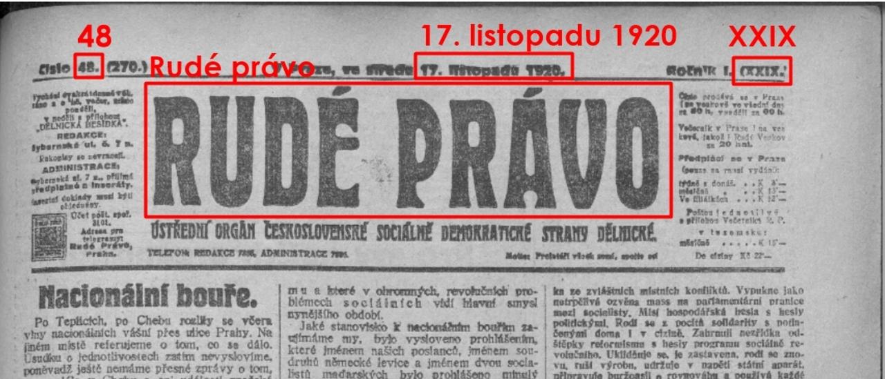 Příklad detekce textu z novinových článků (zdroj: Rudé právo, 17. 11. 1920, oddělení časopisů Knihovny Národního muzea, sign. Z 18 A 1, získáno 24. 3. 2021)