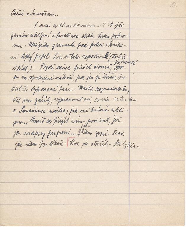 Stránka z rukopisných pamětí Žofie Sukové, na kterých je popsán požár ve vilce Saračinka v Riegrových sadech